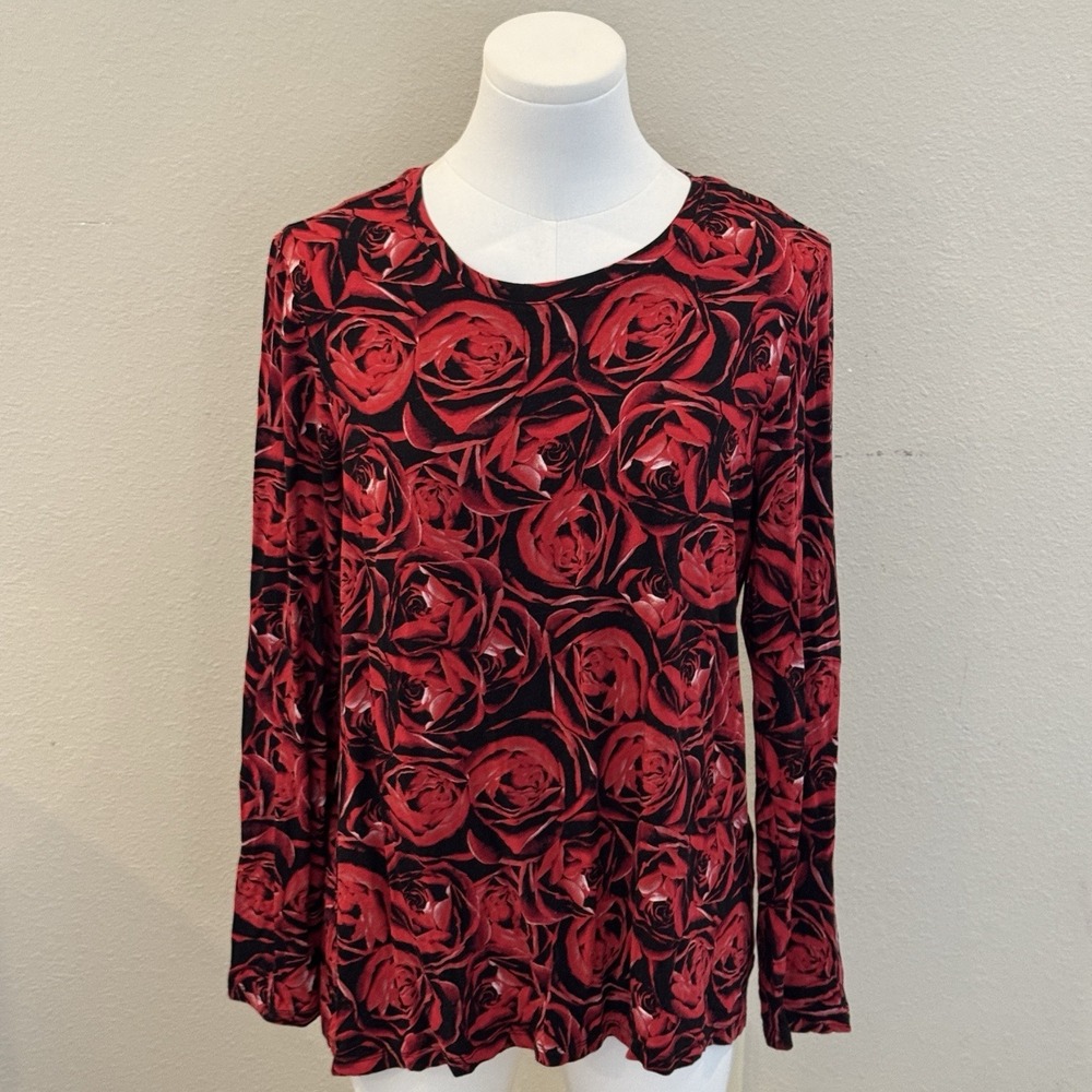 Chicos Sz L/2 Red Black Rose Floral Print Stretchy Long Sleeve Jersey Top Comfy